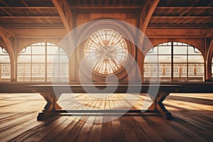 A Wooden Table Against Backdrop Of Vintage Train Station Blank Surface