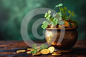 On a wooden table against a green backdrop, a pot of gold coins and clover for St. Patrick\'s Day