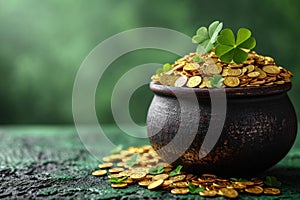 On a wooden table against a green backdrop, a pot of gold coins and clover for St. Patrick\'s Day