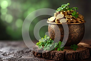 On a wooden table against a green backdrop, a pot of gold coins and clover for St. Patrick\'s Day