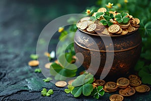 On a wooden table against a green backdrop, a pot of gold coins and clover for St. Patrick\'s Day