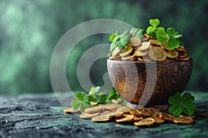 On a wooden table against a green backdrop, a pot of gold coins and clover for St. Patrick\'s Day