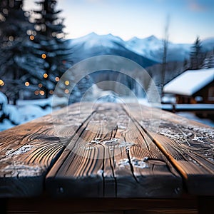 Wooden table against a snowy landscape, offering text and design space.