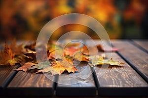 Wooden table with autumn maple leaves in park, blurred abstract background. Generative AI