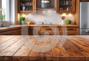 Wooden table in the background of a rustic kitchen in a country house