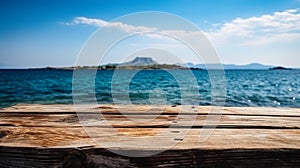 Wooden table with the background of the sea, an island and the blue sky.