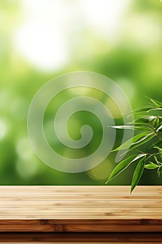 Wooden table on bamboo plant background for production.