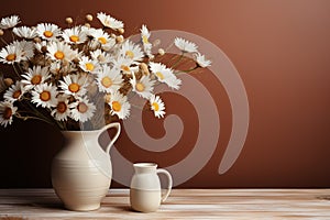 Wooden table with beige clay vase with bouquet of chamomile flowers near empty, AI generate