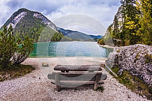 Wooden table and benches for picnics