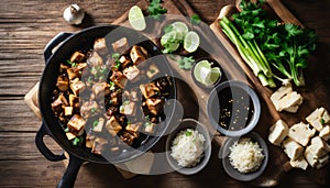 A wooden table with a black pan of food and a bowl of rice