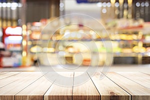 Wooden table with blur background of coffee shop.