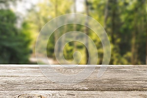 Wood hunter table in the forest. Blurred background photo