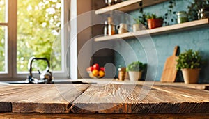 Wooden table on blur window glass white wall in office room. Empty luxury wooden table top shelf for display or montage products