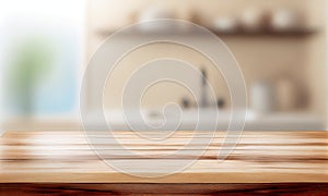 Wooden table on blurred background of bathroom window and shelves, generative AI