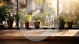 Wooden table on blurred background of kitchen window and shelves. Wooden board table generative ai