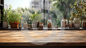 Wooden table on blurred background of kitchen window and shelves. Wooden board table generative ai