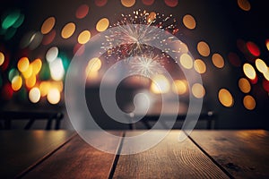 Wooden table with blurred bokeh lights and firework at background, ai generated