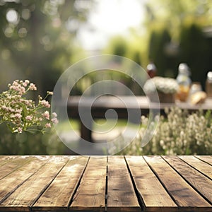 Wooden table with blurred garden background