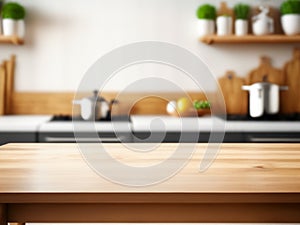 Wooden table on blurred kitchen bench background.
