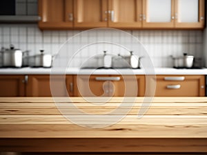 Wooden table on blurred kitchen bench background.