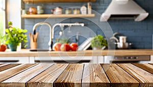 Wooden table on blurred kitchen bench background