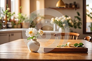 Wooden table on blurred kitchen bench background. ai generative