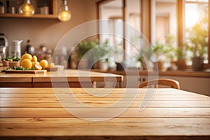 Wooden table on blurred kitchen bench background. ai generative