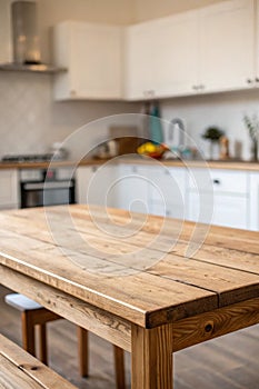 Wooden table on blurred kitchen bench background. Empty wooden table and blurred kitchen background