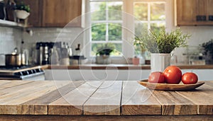 Wooden table on blurred kitchen bench background. Empty wooden table and blurred kitchen background