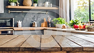 Wooden table on blurred kitchen bench background. Empty wooden table and blurred kitchen background