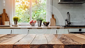 Wooden table on blurred kitchen bench background. Empty wooden table and blurred kitchen background