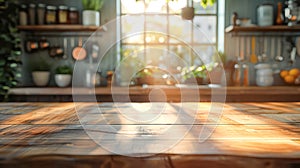 Wooden table on blurred kitchen bench background. Empty wooden table and blurred kitchen background.Generative AI