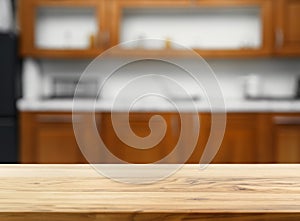 Wooden table on blurred kitchen bench background stage brown