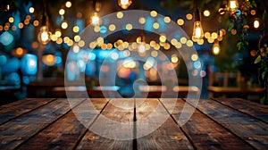 Wooden Table With Blurry Lights