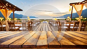 wooden table with blurry wedding location in background . ai generated