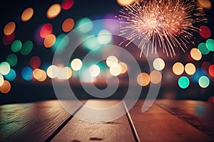 Wooden table with bokeh lights and firework , ai generated