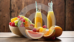 A wooden table with a bowl of fruit, a plate of fruit, and two glasses of orange juice