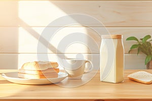 Wooden table with bread soy milk soy milk bags style bright kitchen background. Generative AI