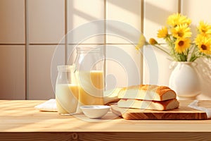 Wooden table with bread soy milk soy milk bags style bright kitchen background. Generative AI