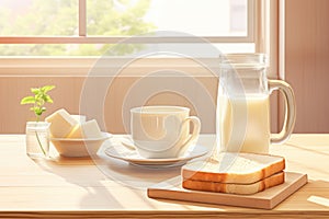 Wooden table with bread soy milk soy milk bags style bright kitchen background. Generative AI