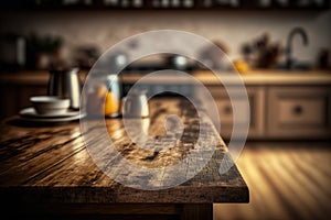 Wooden Table Brown Textured And Kitchen Interior In Front Of Blurred Background - Generative AI