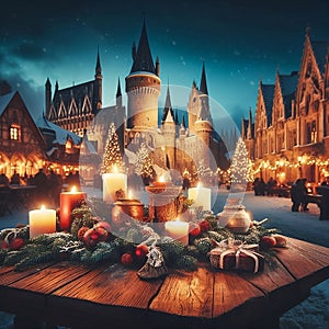 Wooden table with candles in front of medieval Town Square in Christmas night.