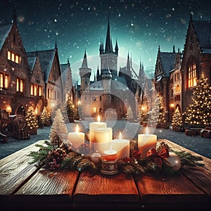 Wooden table with candles in front of medieval Town Square in Christmas night Gothic castle