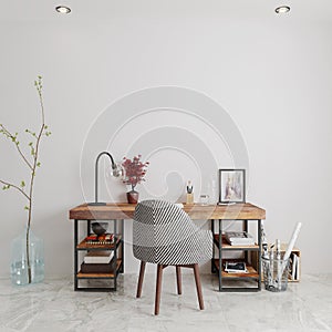 Wooden table   chair and decors in the office   wall mockup photo