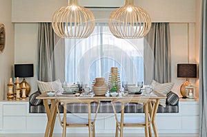 Wooden table and chair in modern dinning room