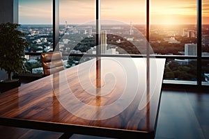 Wooden table and chair in modern office room with panoramic city view and sunset background