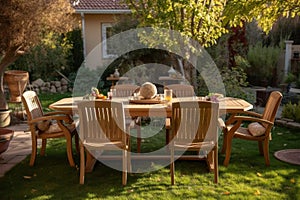 Wooden table chairs backyard furniture. Generate Ai