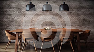 Wooden table with chairs and bowl of fruit. Perfect for home decor or kitchen design projects