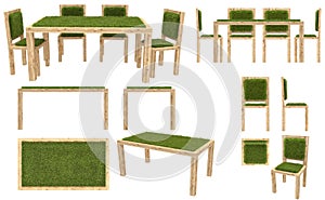 Wooden table and chairs with grass cover. Garden furniture. Top view, side view, front view. Isolated on white background.