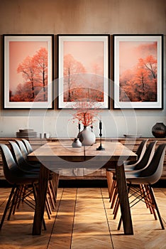 Wooden table with chairs and posters on the wall in the Scandinavian living room